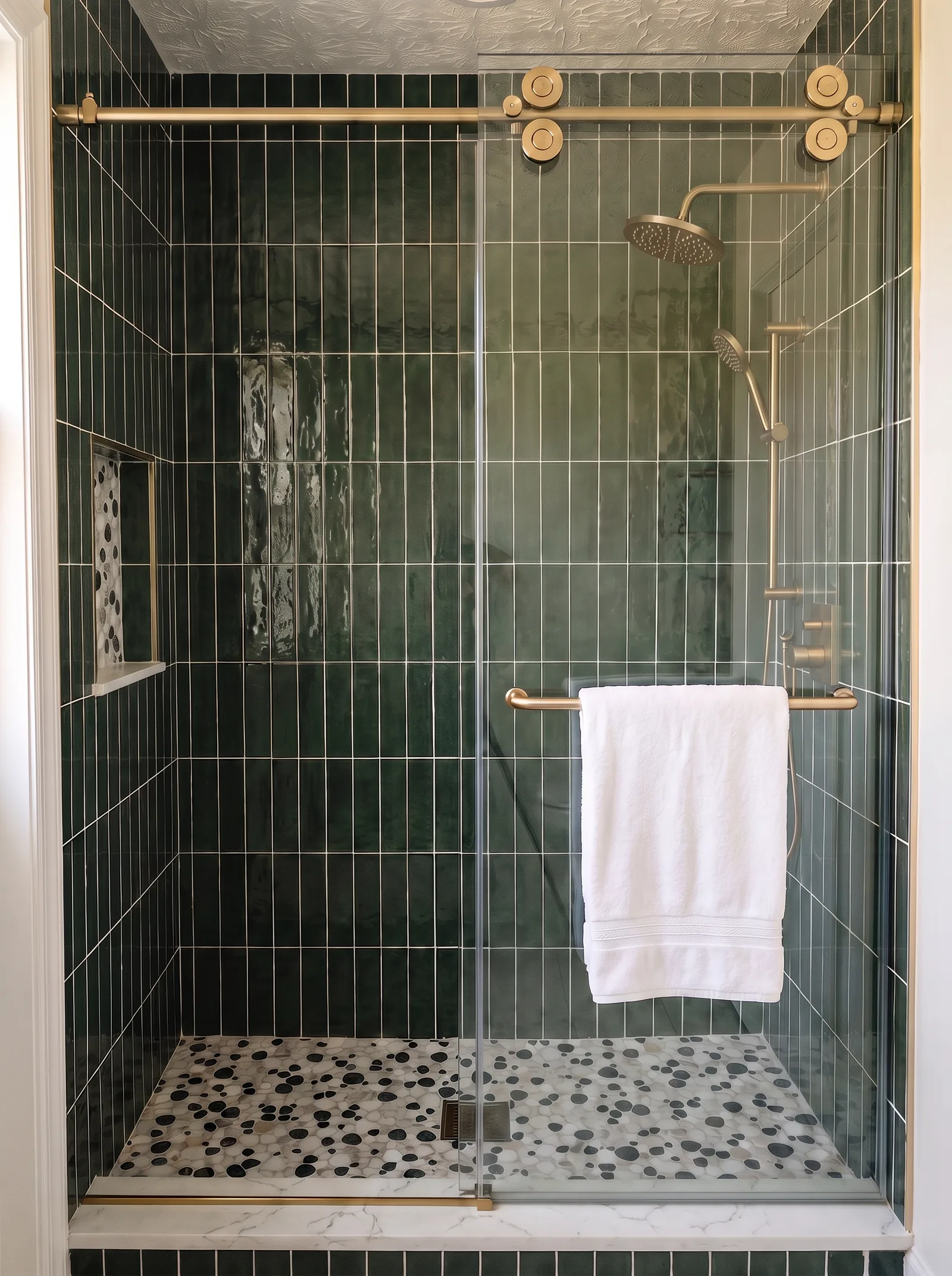 The shower straight on: green vertical tile, a pebble floor, a tiled niche and brass fixtures behind a sliding glass door