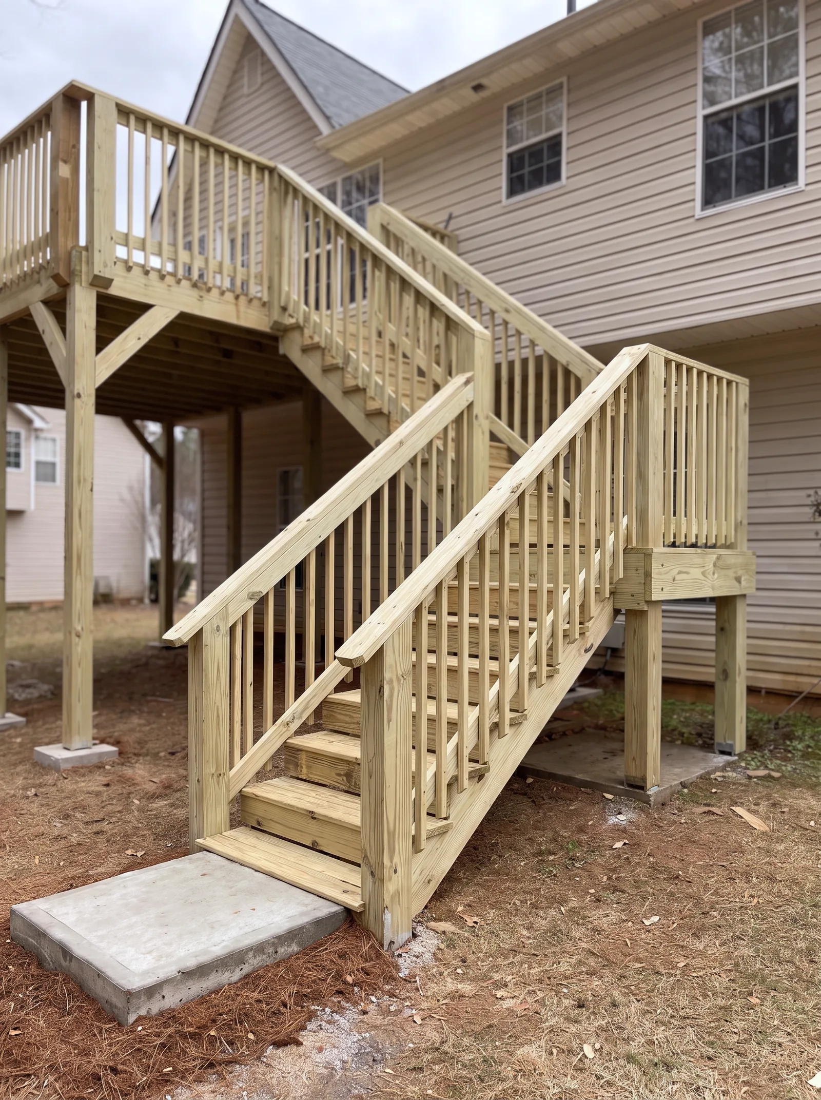 The lower stair run from its concrete pad, both rails leading up to the landing on its posts, the deck above