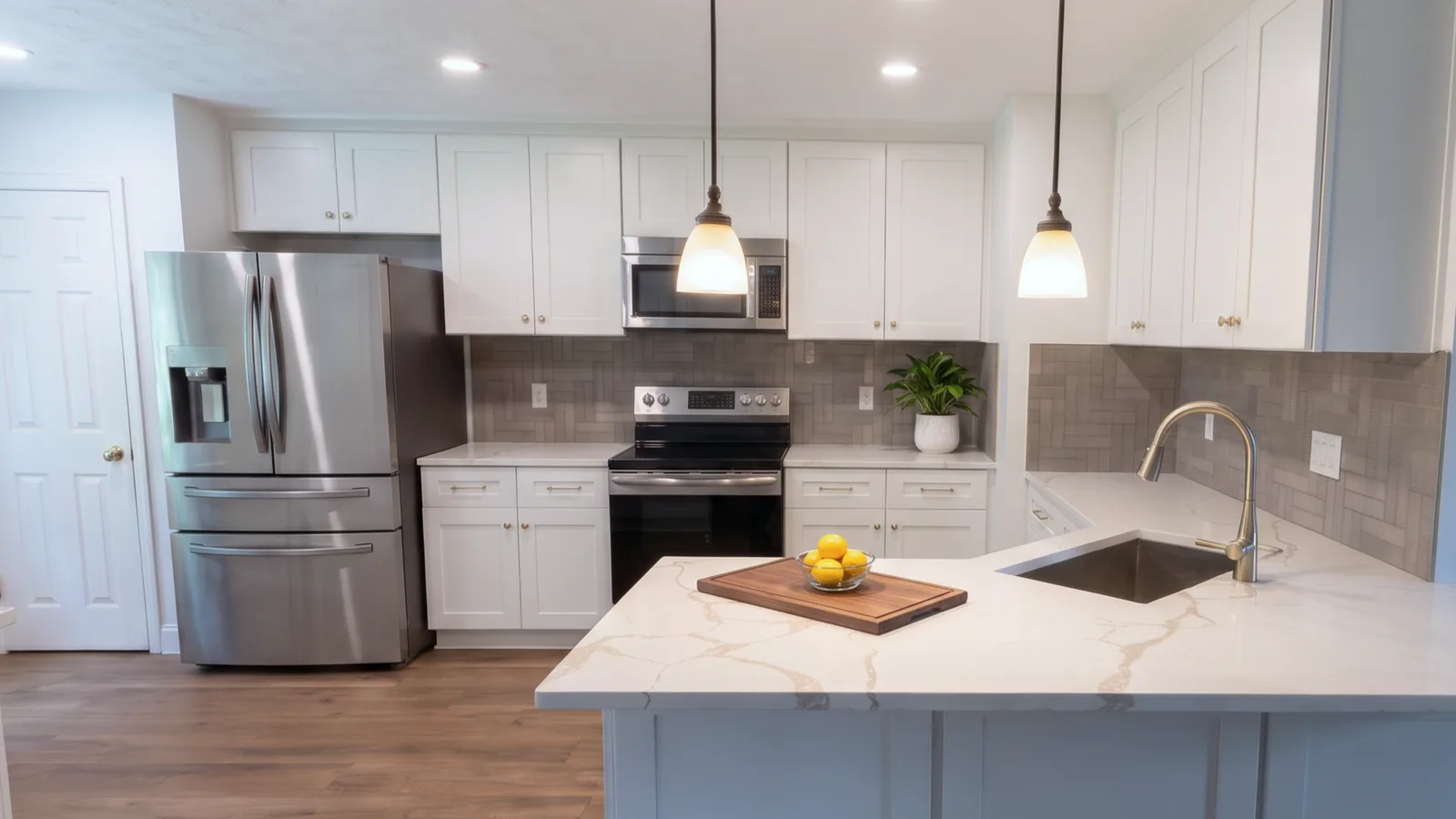 White Shaker kitchen with a quartz peninsula, two pendant lights and stainless appliances