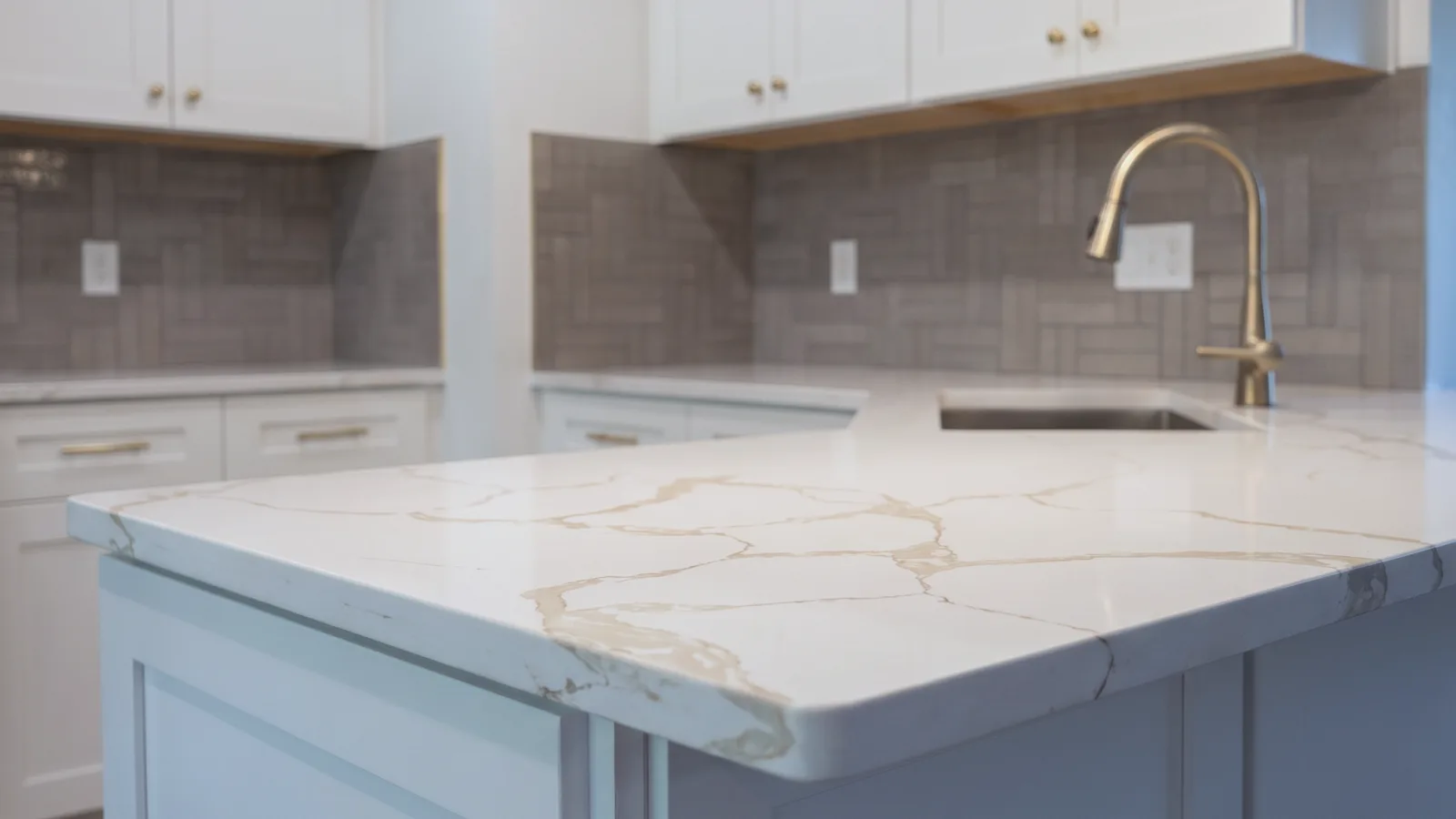 Gold-veined quartz along the peninsula edge, with the faucet and backsplash beyond